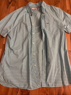 Lacoste Men's Light Blue and White Gingham Button-Down Shirt